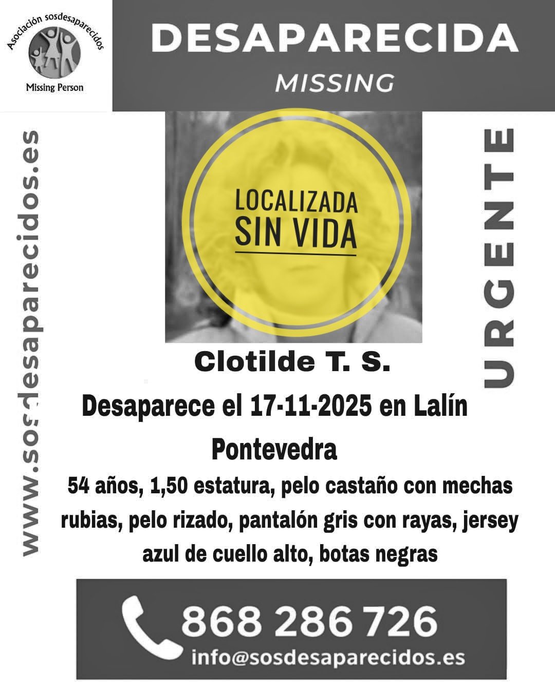 The tragic outcome of Clotilde TS: missing in Lalín, Pontevedra, and found dead